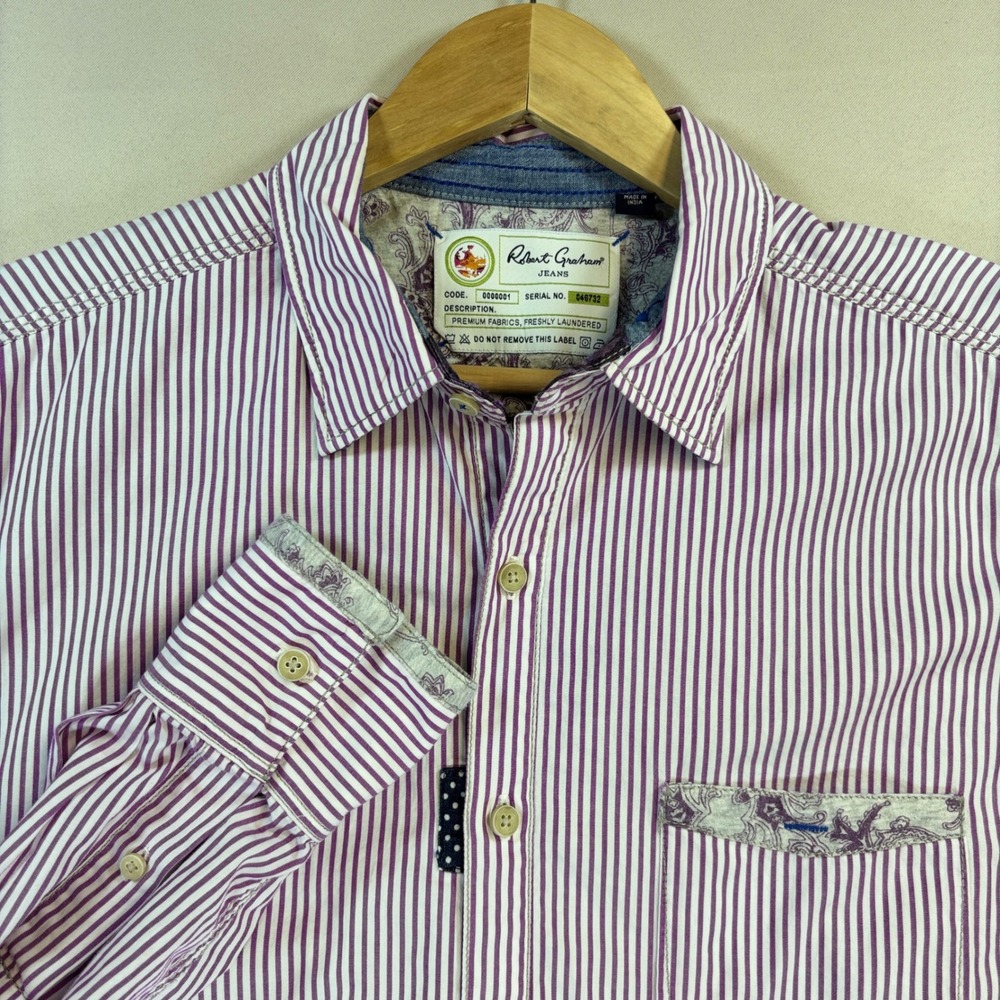 Robert Graham Jeans Shirt Mens Large Purple White Stripe Paisley Lined Casual